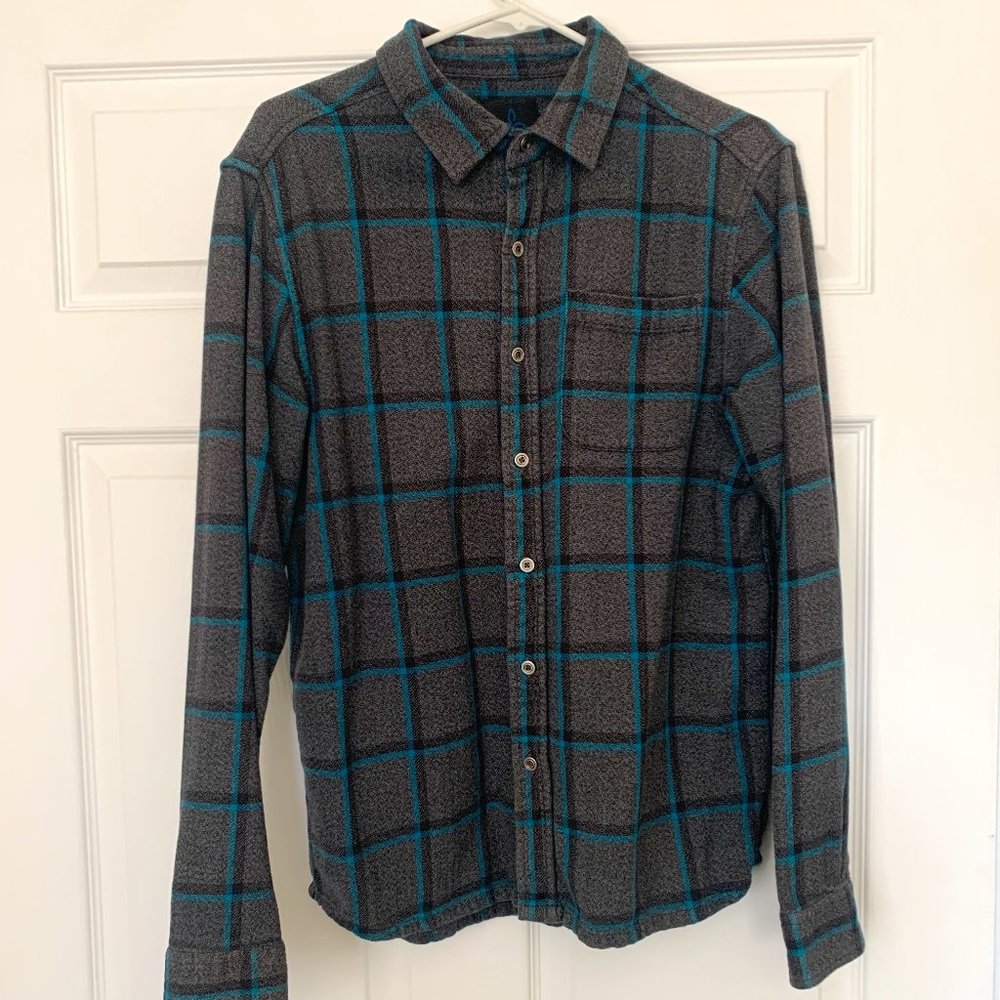 Prana Flannel, Grey and Blue, Mens Medium